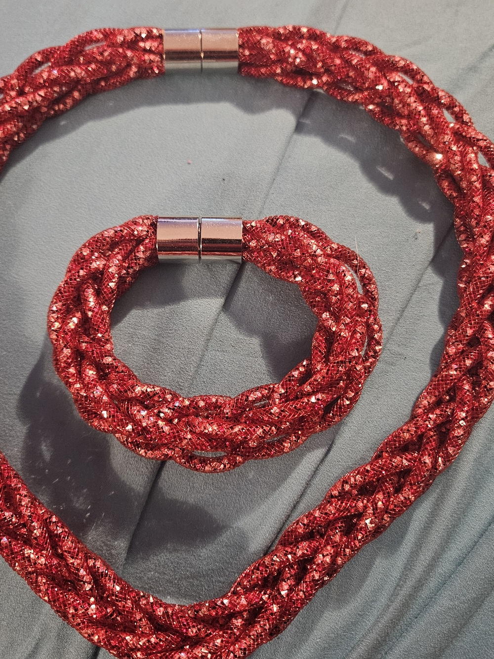 Sparkling Red Braided Necklace and Bracelet Set